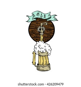 Beer poured from the barrel into the beer mug. Color doodle  icon  on a theme Brasserie. Vector illustration. Illustration in the style of hand-drawn