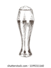 Beer poured in big glass monochrome sketch outline. Black and white hand drawn glassware with alcoholic beverage and foam on top vector illustration