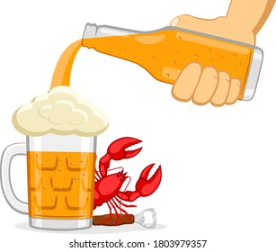 Beer is poured from a bottle into a glass with a lobster on a white. Oktoberfest