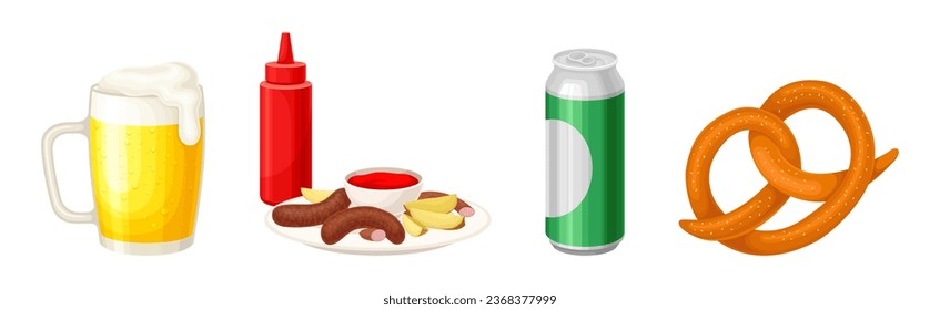 Beer Poured in Can and Glass with Foam with Sausage and Pretzel Vector Set