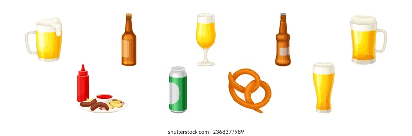 Beer Poured in Closed Bottle and Glass with Foam and Snack Vector Set