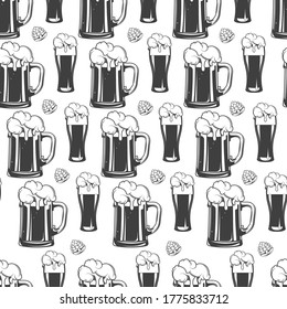 Beer poured in glass, alcoholic beverage with foam seamless pattern. Refreshing drink made of hop, oktoberfest traditional crafted alcohol. Cider or irish pale ale, colorless vector in flat style