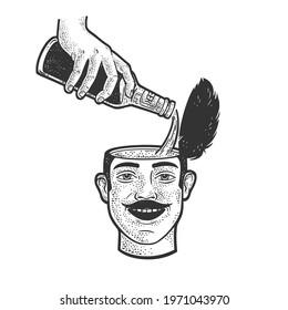 beer is poured into the head of a joyful man sketch engraving vector illustration. T-shirt apparel print design. Scratch board imitation. Black and white hand drawn image.