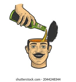 beer is poured into the head of a joyful man color sketch engraving vector illustration. T-shirt apparel print design. Scratch board imitation. Black and white hand drawn image.