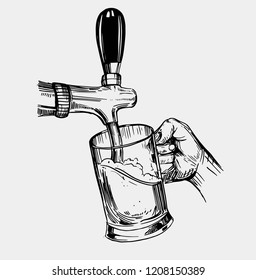 Beer is poured into a mug. Beer tap. Hand drawn illustration converted to vector