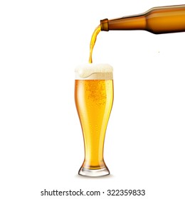 Beer pouring from dark bottle to glass realistic vector illustration