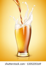 Beer is pouring into a glass. Realistic vector illustration