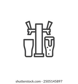 Beer Pouring from tap line icon. linear style sign for mobile concept and web design. Beer tap with mugs outline vector icon. Pub symbol, logo illustration. Vector graphics