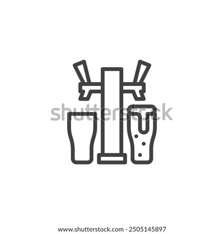 Beer Pouring from tap line icon. linear style sign for mobile concept and web design. Beer tap with mugs outline vector icon. Pub symbol, logo illustration. Vector graphics