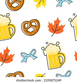 Beer, a pretzel and autumn leaves on a white. Oketobefest pattern