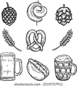 Beer and pretzel german street food engraved vector illustration set.