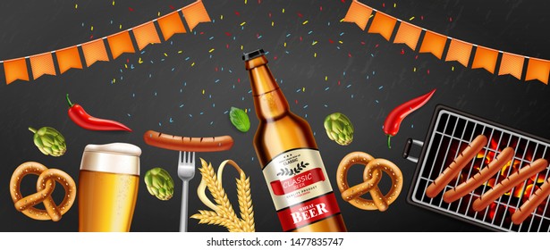 Beer, pretzel and grilled sausage Vector realistic. Food fest banner detailed 3d illustration