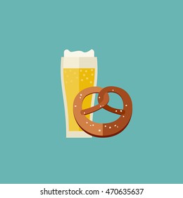 Beer and pretzel icon in flat style. Mug of beer vector icon.