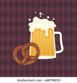 Beer and pretzel on diamond background. German Oktoberfest theme. Vector art EPS 10. 