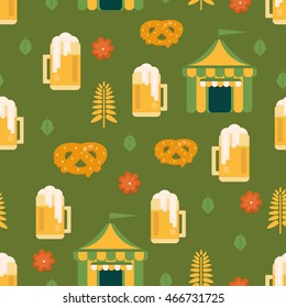 Beer and pretzel pattern.Beer tent background for festivals, restaurants, menu and bars. Vector illustration in flat style.
