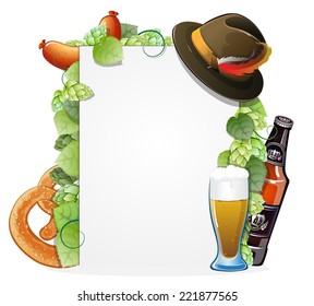 Beer, pretzel, sausage and Oktoberfest hat on white background decorated with green hops . Abstract Oktoberfest background