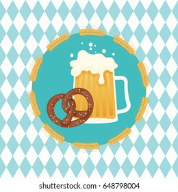 Beer and pretzel in wheat wreath on Bavarian  background. German style wallpaper. Oktoberfest theme. Vector art EPS 10. 