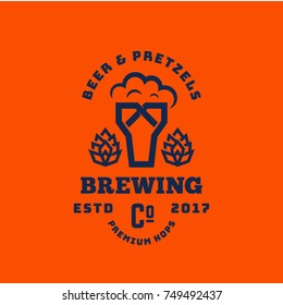 Beer and Pretzels Abstract Vector Retro Symbol or Logo Template. Vintage Typography Premium Brewing Sign. Glass with Foam and Bagel Creative Emblem. Orange Background.