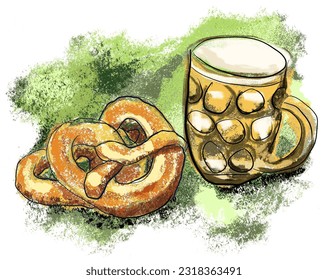 Beer and pretzels, hand drawn, no background, ideal for menus, poster, t-shirt design, home decor