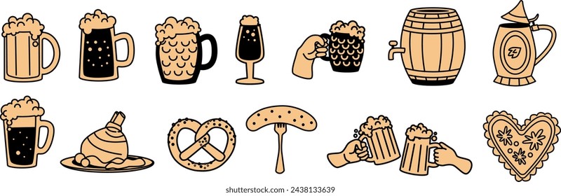 Bier und Brezeln Symbole auf einem weißen Hintergrund gesetzt. Oktoberfest Vektor-Illustration für Design und Druck. Deutsches Fest und Bierkultur. Oktoberfest-Set.