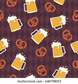 Beer and pretzels seamless pattern. German style wallpaper. Oktoberfest theme. Vector art. 