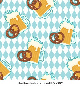 Beer and pretzels seamless pattern on Bavarian  background. German style wallpaper. Oktoberfest theme. Vector art. 