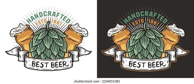 Beer print or emblem with bottles and hop for bar or pub. Lolo or label for drink beer shop or brewery.