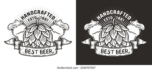 Beer print or emblem with bottles and hop for bar or pub. Monochrome logo or label for drink beer shop or brewery.