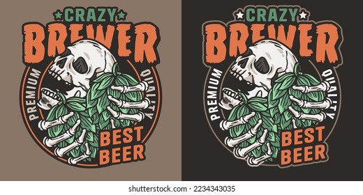 Beer print with skull and hop. Skeleton with hop in bone hands for brewery or bar. Craft beer vector logo or emblem for design label of pub and beer store.