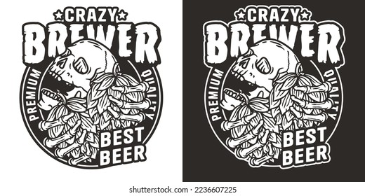 Beer print with skull and hop. Skeleton with hop in bone hands for brewery or bar. Craft beer vector logo or monochrome emblem for design label of pub and beer store.