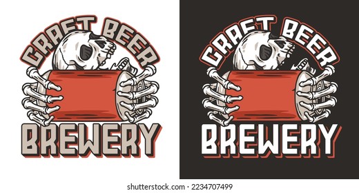 Impresión de cerveza con cráneo y lata de metal. Esqueleto con lata de cerveza en manos óseas para cervecería o bar. Logo o emblema del vector de cerveza para el diseño de etiquetas de lata para pub y tienda de cerveza.