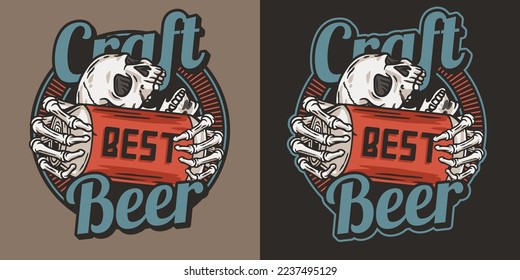 Beer print with skull and metal can. Skeleton with beer can in bone hands for brewery or bar. Craft beer vector logo or emblem for label design of tin for pub and beer store.