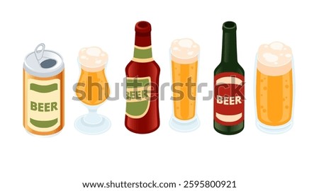 Beer product set with bottles and glasses. Golden lager beer filled in glass. Glass bottles with simple label. Alcoholic drink, ready for grocery store or supermarket. Vector illustration on white