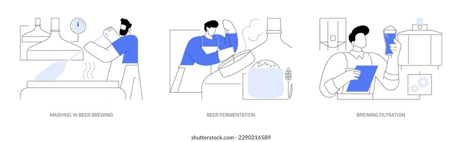 Beer production abstract concept vector illustration set. Mashing in beer brewing, alcohol drink fermentation and distilling, brewing filtration, malt and hops ingredients abstract metaphor.