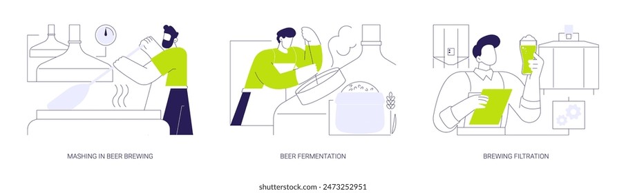 Beer production abstract concept vector illustration set. Mashing in beer brewing, alcohol drink fermentation and distilling, brewing filtration, malt and hops ingredients abstract metaphor.