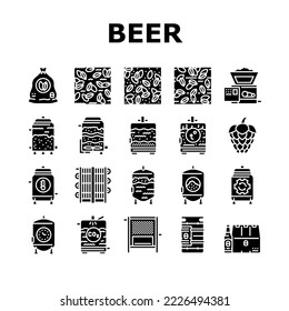 beer production brewery factory icons set vector. alcohol industry, drink equipment, brew process, manufacturing glass technology beer production brewery factory glyph pictogram Illustrations