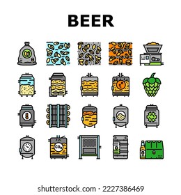 los iconos de la fábrica de cervecería de producción de cerveza establecen el vector. industria del alcohol, equipo de bebidas, proceso de elaboración, fabricación de tecnología de vidrio producción de cerveza fábrica de cerveza ilustraciones de la línea de color