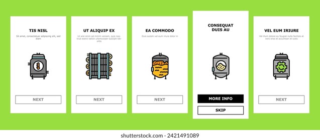 beer production brewery factory onboarding mobile vector. alcohol industry, drink equipment, brew process, manufacturing glass technology beer production brewery factory illustrations