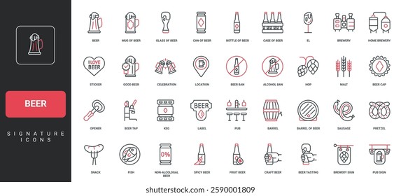 Beer production in brewery, pub keg with tap and bottle, mug and barrel line icon set. Craft beer and food of Oktoberfest, cheers toast of glasses thin black and red symbols vector illustration