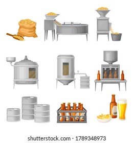 Beer Production with Cereal Grain Harvesting, Fermenting and Bottling Process Vector Illustration Set