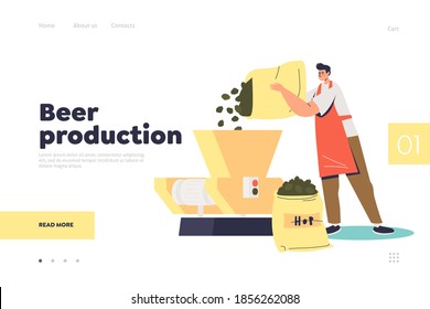 Beer production concept of landing page: professional brewer adding hop to produce brewing beer. Cartoon craft beer production worker. Template flat vector illustration