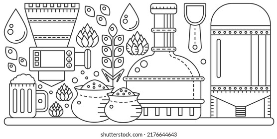 Beer production equipment, malt ingredients and Octoberfest glass cup with foam and alcohol thin line infographic vector illustration. brewery factory reservoir for fermentation, storage tanks