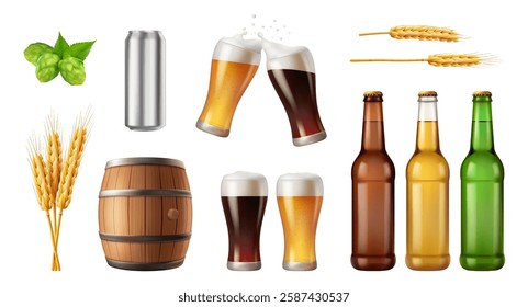 Beer production ingredients. Vector in realistic style, crafting alcohol from hop and wheat. Bottled alcohol, cider or IPA with foam in glasses. Craft brewery, can for copy space of brewer