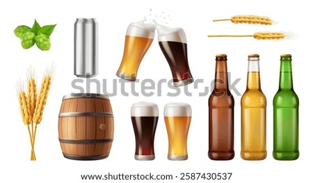 Beer production ingredients. Vector in realistic style, crafting alcohol from hop and wheat. Bottled alcohol, cider or IPA with foam in glasses. Craft brewery, can for copy space of brewer