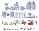 Beer production process infographic, flat vector illustration. Brewery beer production line, bottling and packaging. Distribution, sale, consumption. Brewing industry.