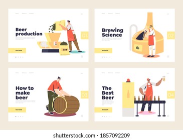 Beer production process. Set of template landing pages with brewery and preparation. Cartoon beer factory workers and brewers producing beer. Flat vector illustration