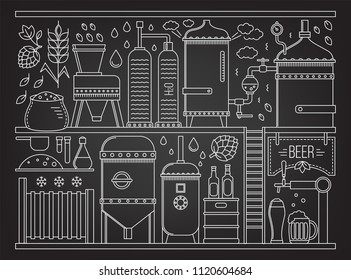 Conjunto de líneas de fase de producción de cerveza. Ilustración del vector