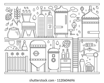 Conjunto de líneas de fase de producción de cerveza. Ilustración del vector