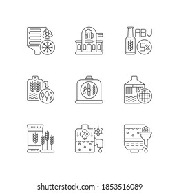 Beer production technology pixel perfect linear icons set. Alcohol by volume. Malted barley brewing. Customizable thin line contour symbols. Isolated vector outline illustrations. Editable stroke
