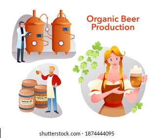 Beer production vector illustration set. Cartoon brewery collection with brewer people work in organic craft product factory, bavarian woman waitress holding beer glasses at octoberfest festival